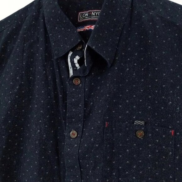 LON NYC Men’s Size Large Button Down Shirt Navy Blue 100% Cotton Short Sleeve - Picture 2 of 7